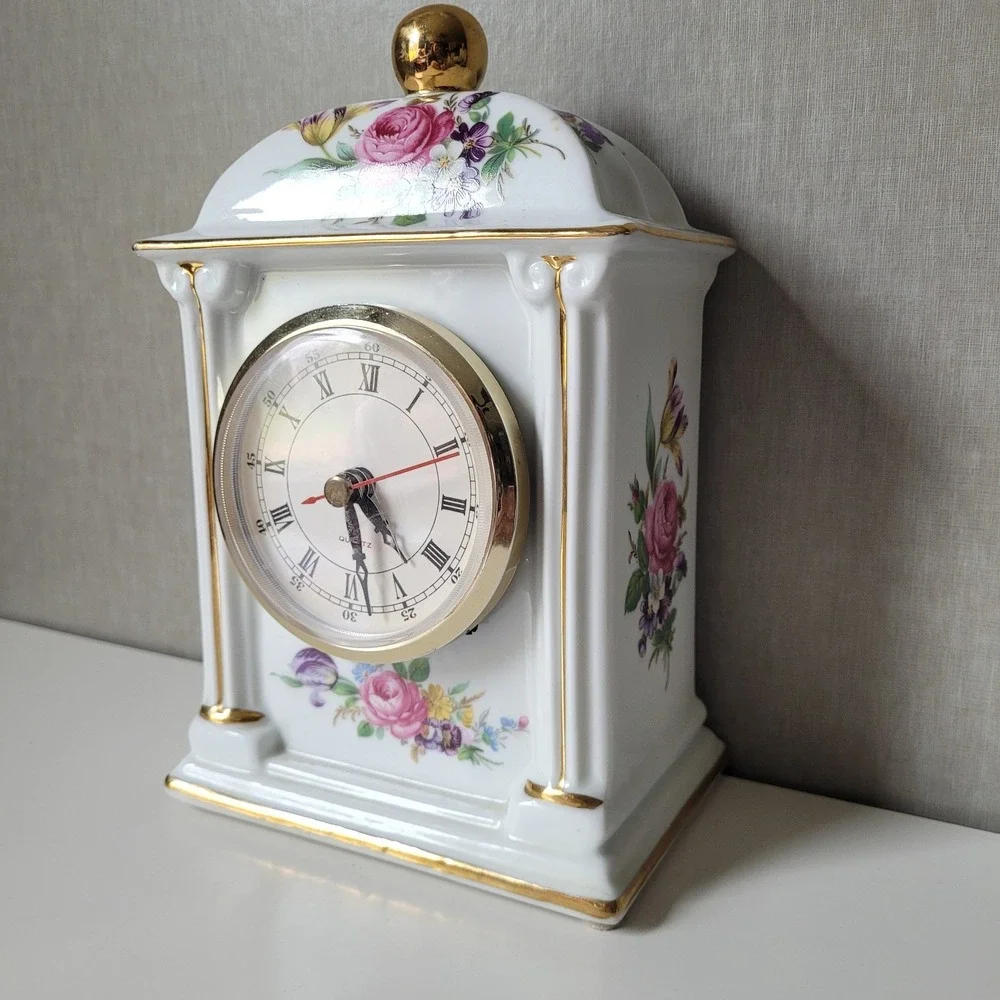 Vintage Porcelain Mantel Clock - Floral Chintz & Gold Trim - Tested & Working